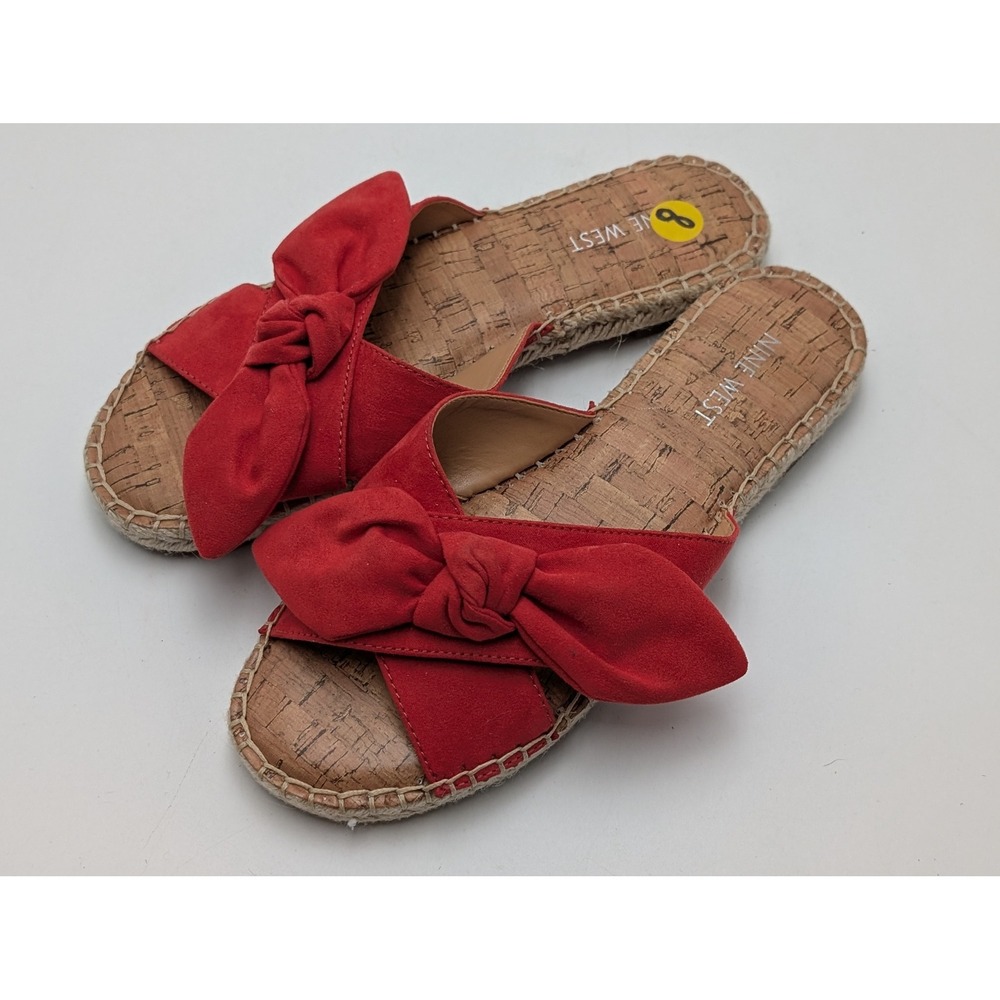 Nine West Sandals Women 8 Red Slide Espadrille Bow Cork Flat Slip On Summer Boho - Picture 3 of 6
